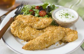 Oven Fried Chicken Strips with Spicy Dip